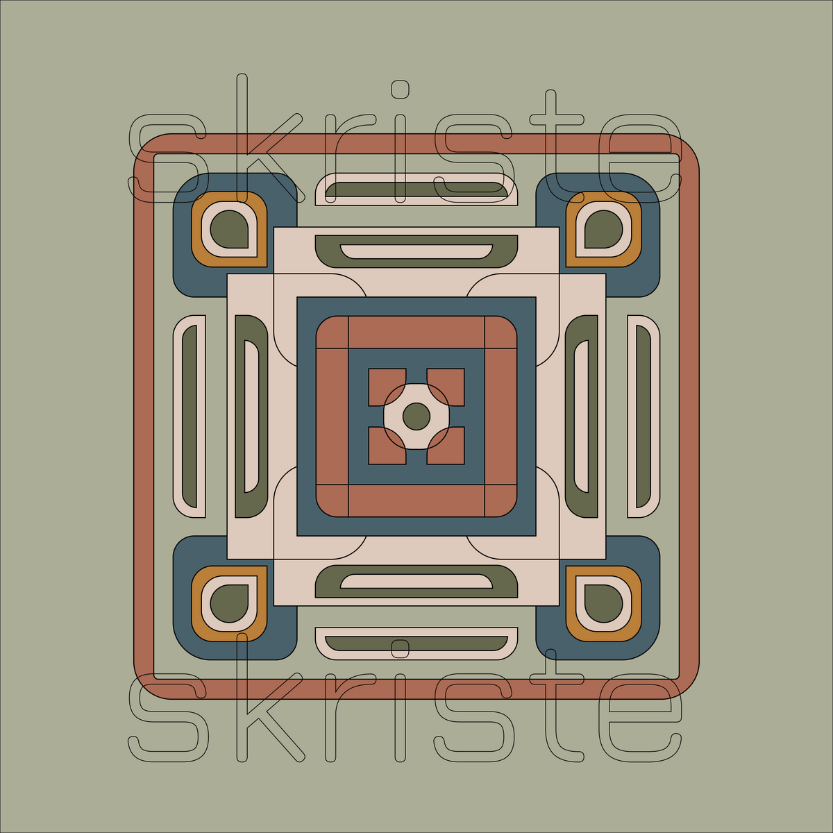 A square geometric pattern design with a symmetrical, mandala-like layout in muted earth tones, featuring a central floral motif and concentric square borders. The design is overlaid with a semi-transparent diagonal watermark reading 'skriste'.