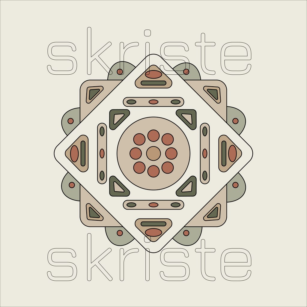 Geometric wall art with layered diamond and circle motifs in sage, terracotta and cream, with skriste watermark