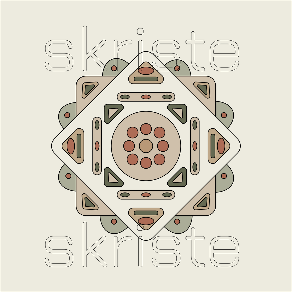 Geometric wall art with layered diamond and circle motifs in sage, terracotta and cream, with skriste watermark