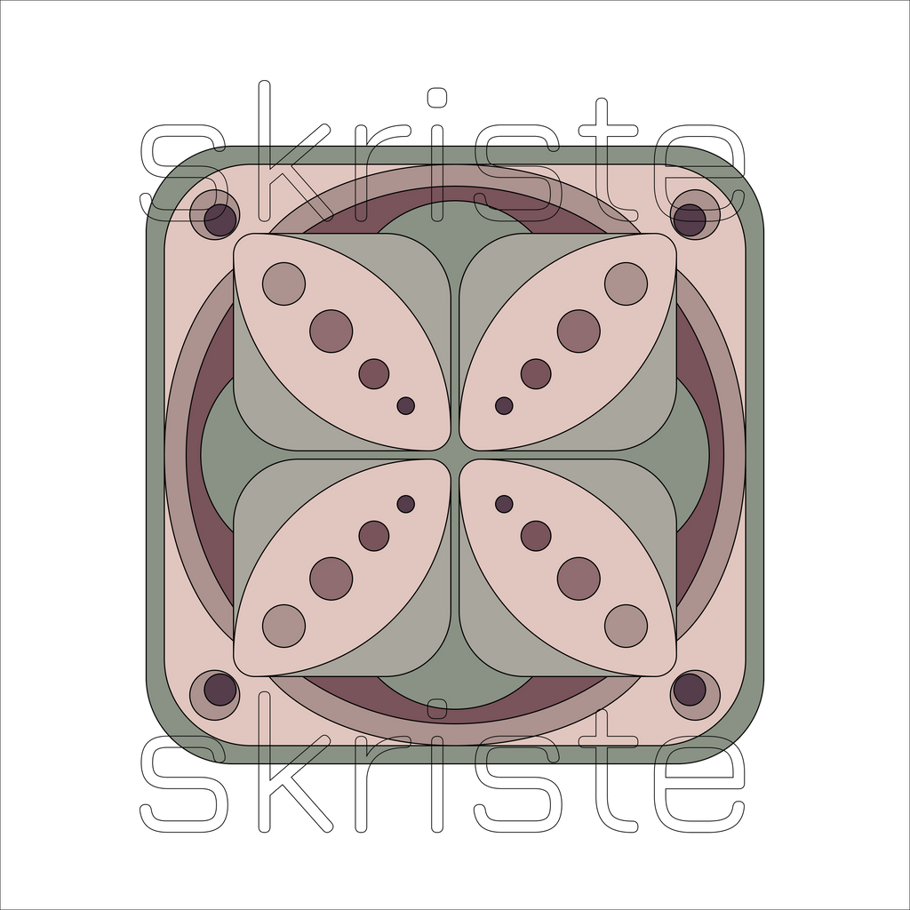A top-down, symmetrical graphic design of a square coaster with rounded corners, featuring a geometric pattern in muted shades of sage green, dusty pink, and dark plum. The design is overlaid with a semi-transparent watermark reading 'skriste' at the top and bottom.