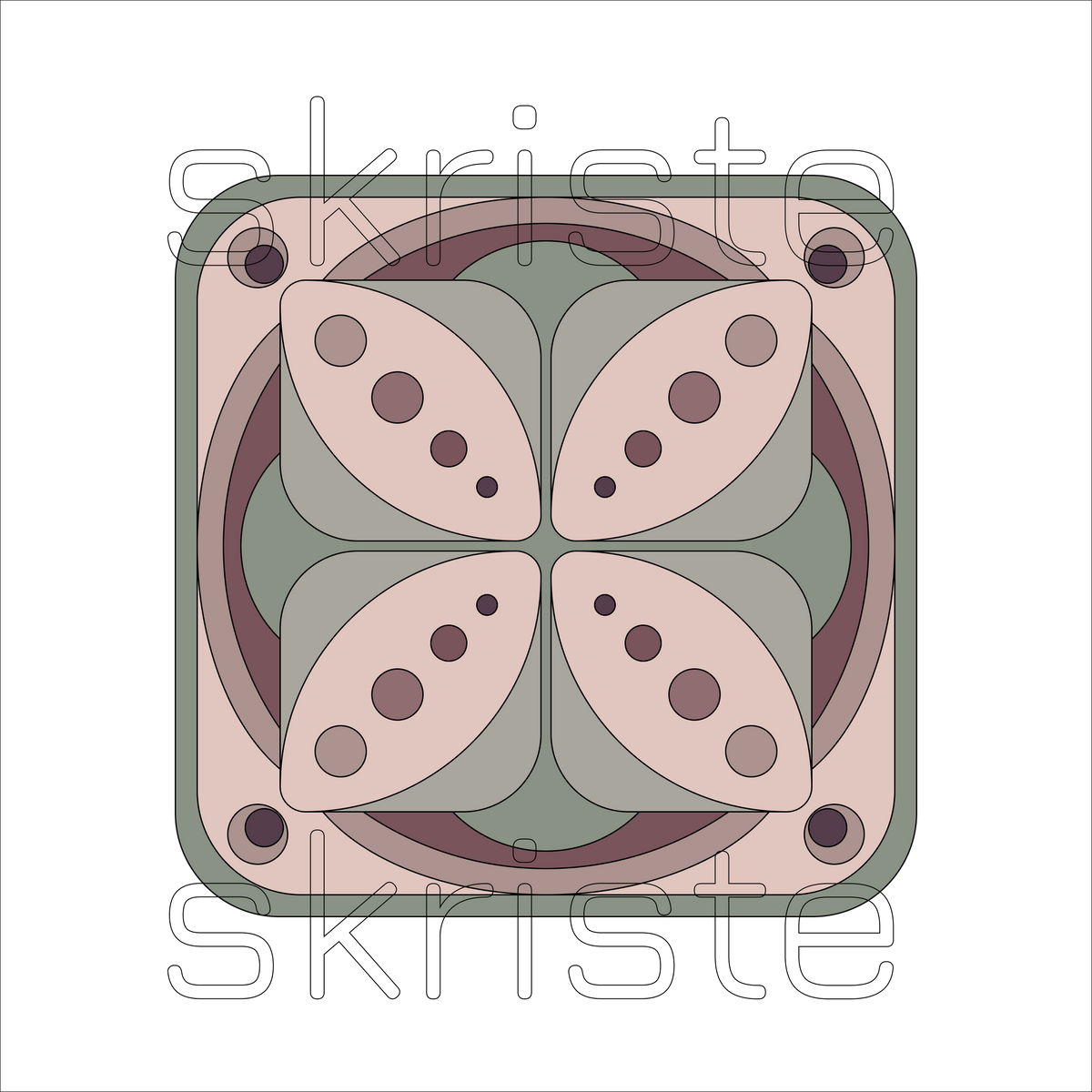A top-down, symmetrical graphic design of a square coaster with rounded corners, featuring a geometric pattern in muted shades of sage green, dusty pink, and dark plum. The design is overlaid with a semi-transparent watermark reading 'skriste' at the top and bottom.