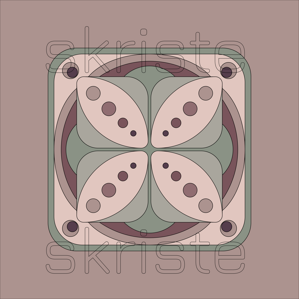 A square decorative tile or coaster featuring a symmetrical geometric floral pattern in muted tones of sage green, dusty pink, and taupe, with a thin dark border and four corner holes. A faint 'skriste' watermark is visible across the design.