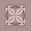 A square decorative tile or coaster featuring a symmetrical geometric floral pattern in muted tones of sage green, dusty pink, and taupe, with a thin dark border and four corner holes. A faint 'skriste' watermark is visible across the design.