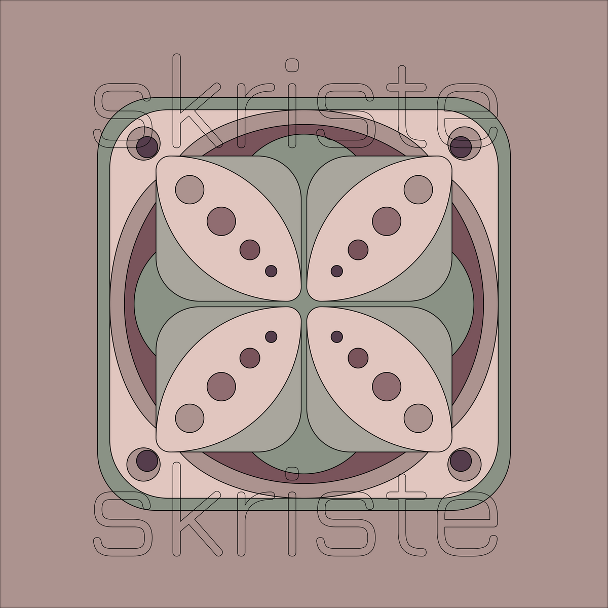 A square decorative tile or coaster featuring a symmetrical geometric floral pattern in muted tones of sage green, dusty pink, and taupe, with a thin dark border and four corner holes. A faint 'skriste' watermark is visible across the design.