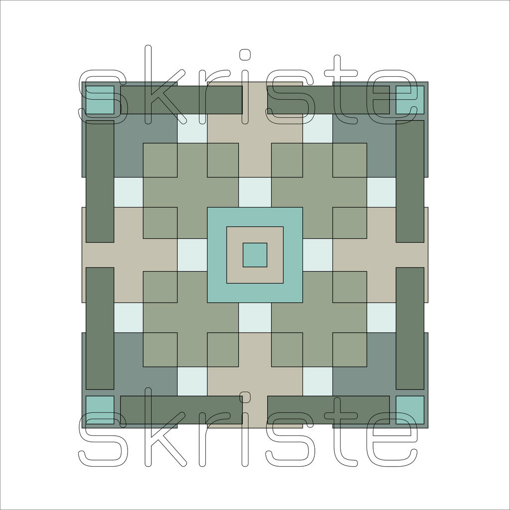 A top-down geometric pattern tile with a symmetrical square design in muted sage green, taupe, light blue, and white, overlaid with a semi-transparent 'skriste' watermark on a white background.