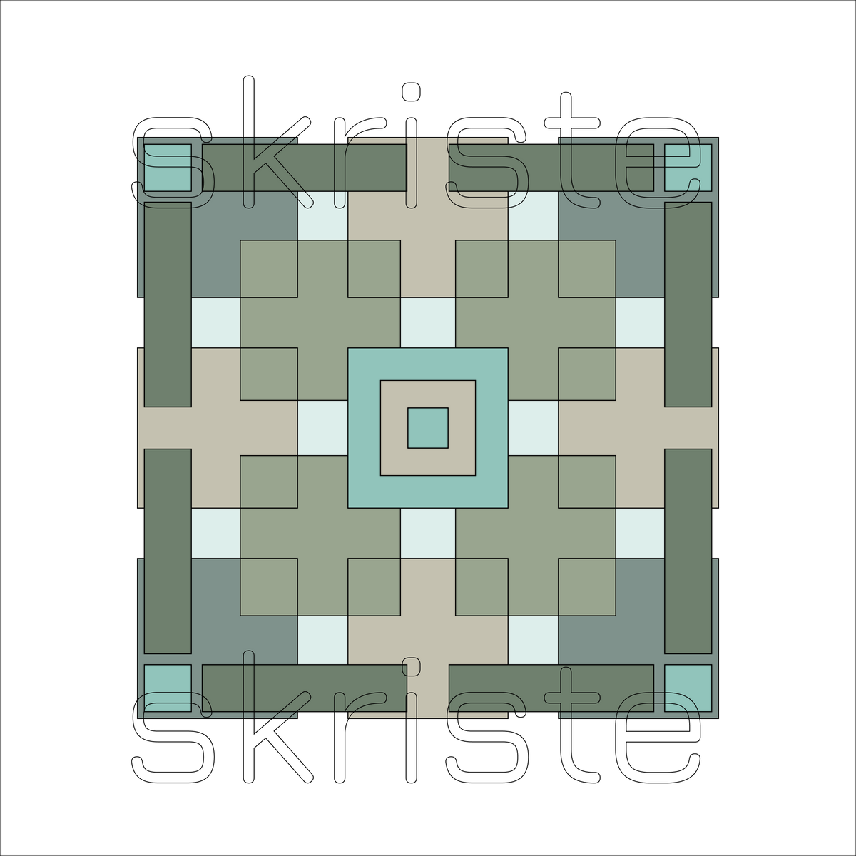 A top-down geometric pattern tile with a symmetrical square design in muted sage green, taupe, light blue, and white, overlaid with a semi-transparent 'skriste' watermark on a white background.