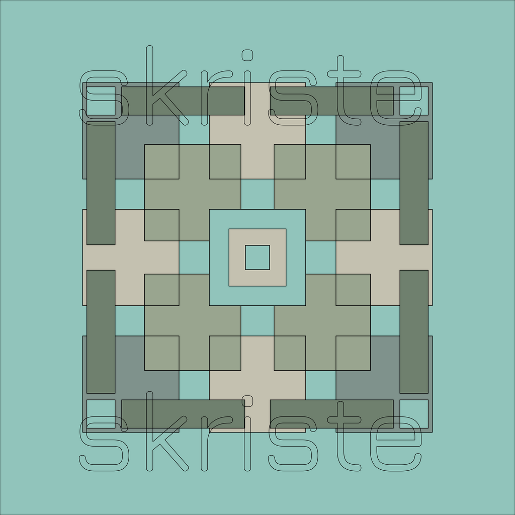 A square geometric pattern with concentric rectangular blocks in muted sage green, light teal, and warm beige, outlined in dark gray. The design is centered on a solid light teal background, with a faint repeating 'skriste' watermark across the artwork.