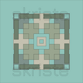 A square geometric pattern with concentric rectangular blocks in muted sage green, light teal, and warm beige, outlined in dark gray. The design is centered on a solid light teal background, with a faint repeating 'skriste' watermark across the artwork.