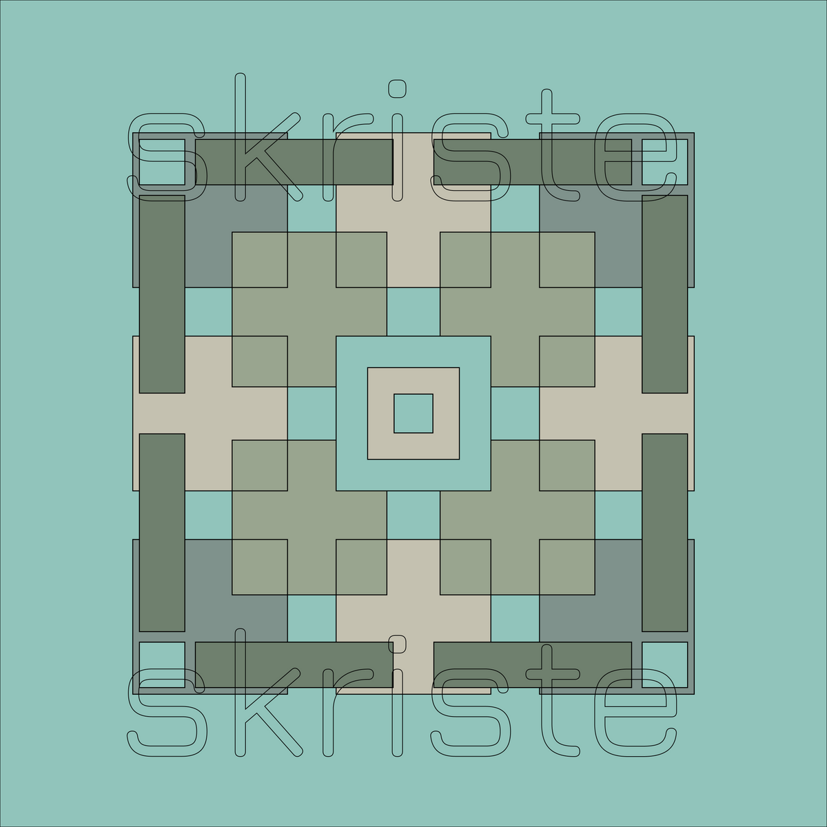 A square geometric pattern with concentric rectangular blocks in muted sage green, light teal, and warm beige, outlined in dark gray. The design is centered on a solid light teal background, with a faint repeating 'skriste' watermark across the artwork.