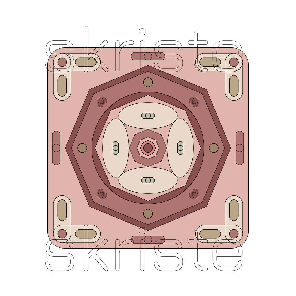 A square decorative tile or coaster with rounded corners, featuring a symmetrical geometric pattern in shades of dusty pink, terracotta, cream, and brown. The word 'skriste' is printed in a thin outlined font near the bottom.