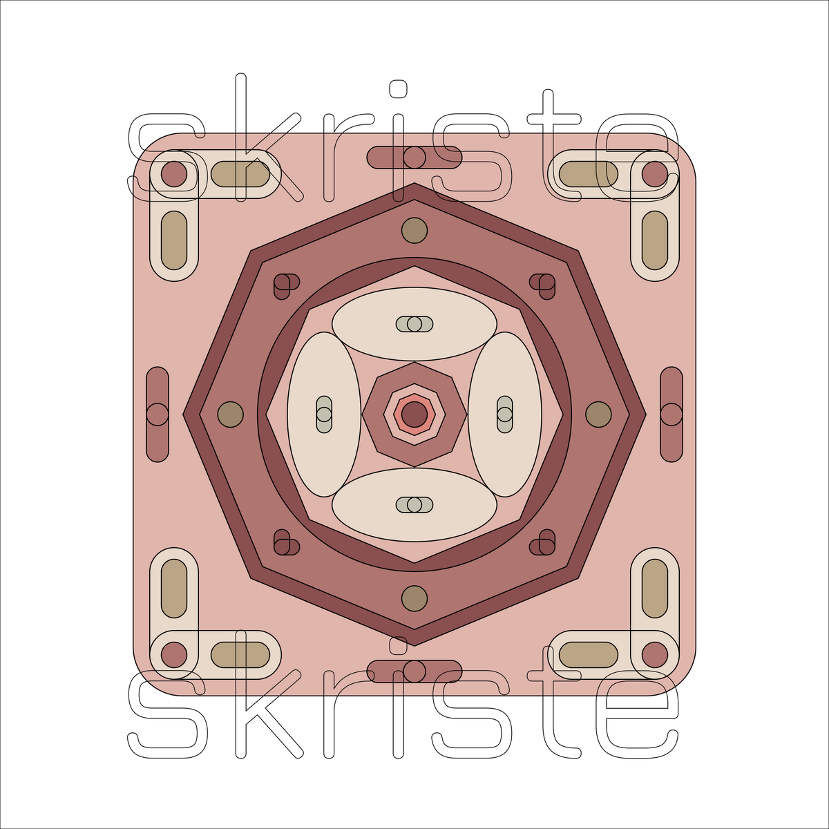A square decorative tile or coaster with rounded corners, featuring a symmetrical geometric pattern in shades of dusty pink, terracotta, cream, and brown. The word 'skriste' is printed in a thin outlined font near the bottom.