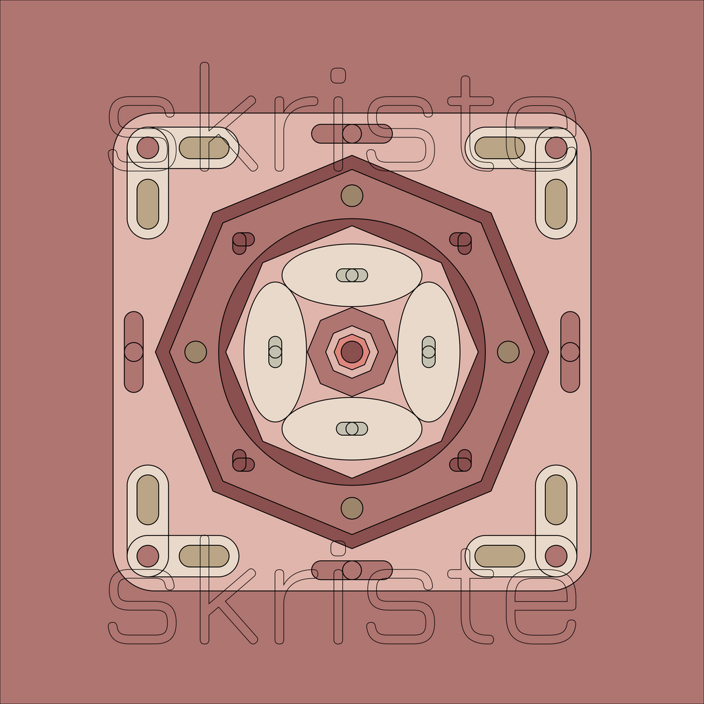 A square decorative tile or coaster featuring a symmetrical geometric design in muted dusty rose, terracotta, cream, and olive tones, with a faint 'skriste' watermark across the center.