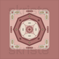 A square decorative tile or coaster featuring a symmetrical geometric design in muted dusty rose, terracotta, cream, and olive tones, with a faint 'skriste' watermark across the center.