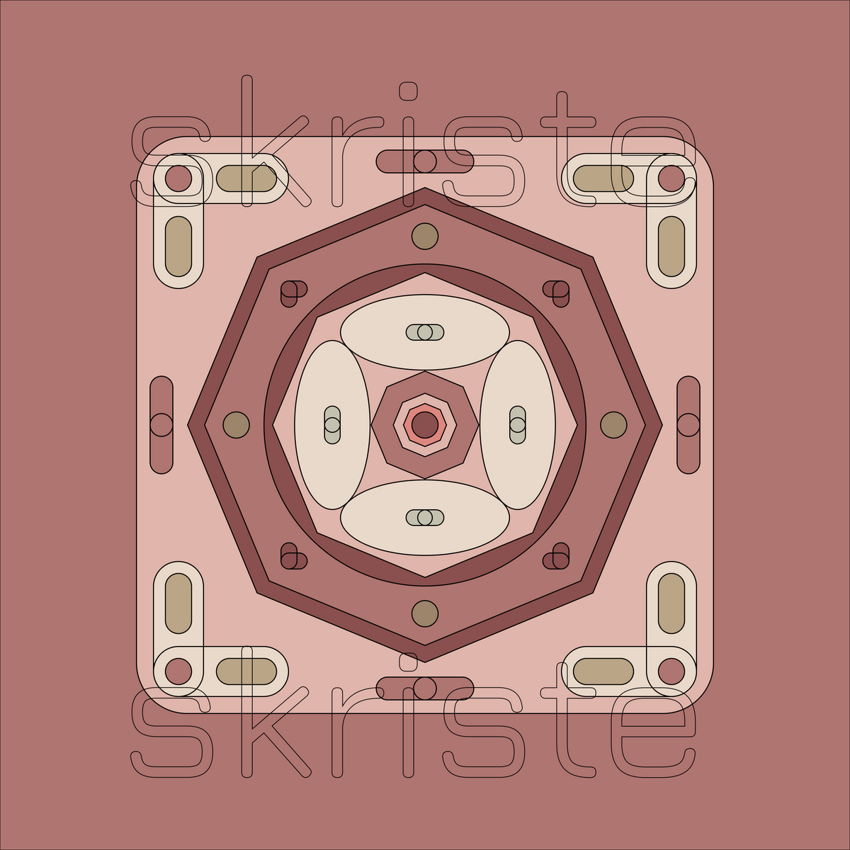 A square decorative tile or coaster featuring a symmetrical geometric design in muted dusty rose, terracotta, cream, and olive tones, with a faint 'skriste' watermark across the center.