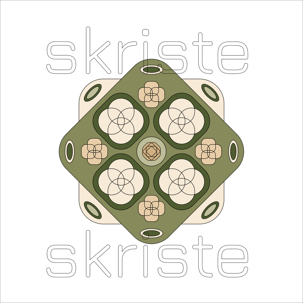 A centered square graphic with a symmetrical geometric floral pattern in olive green, beige, and brown on a white background, with the word 'skiste' repeated faintly behind it.