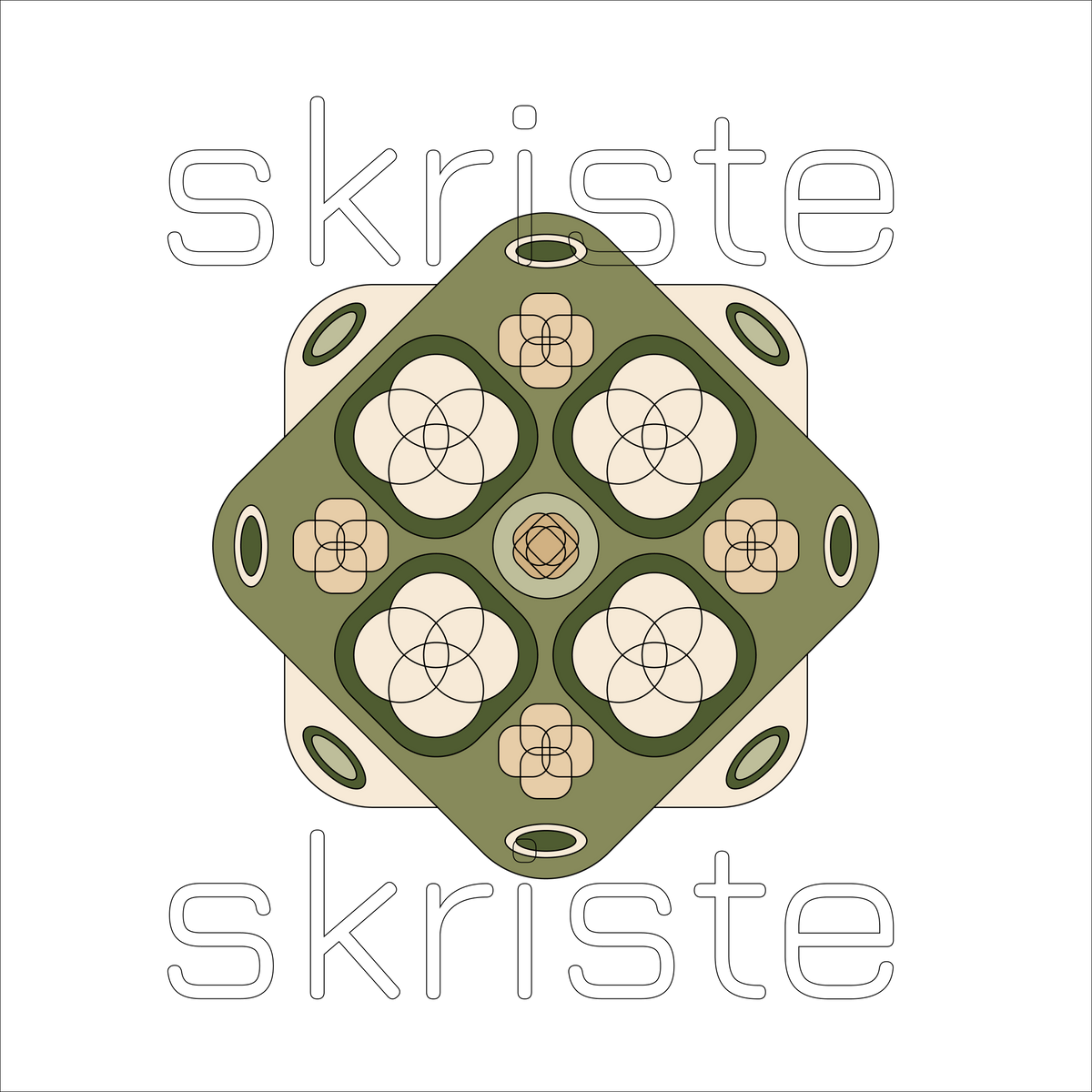 A centered square graphic with a symmetrical geometric floral pattern in olive green, beige, and brown on a white background, with the word 'skiste' repeated faintly behind it.
