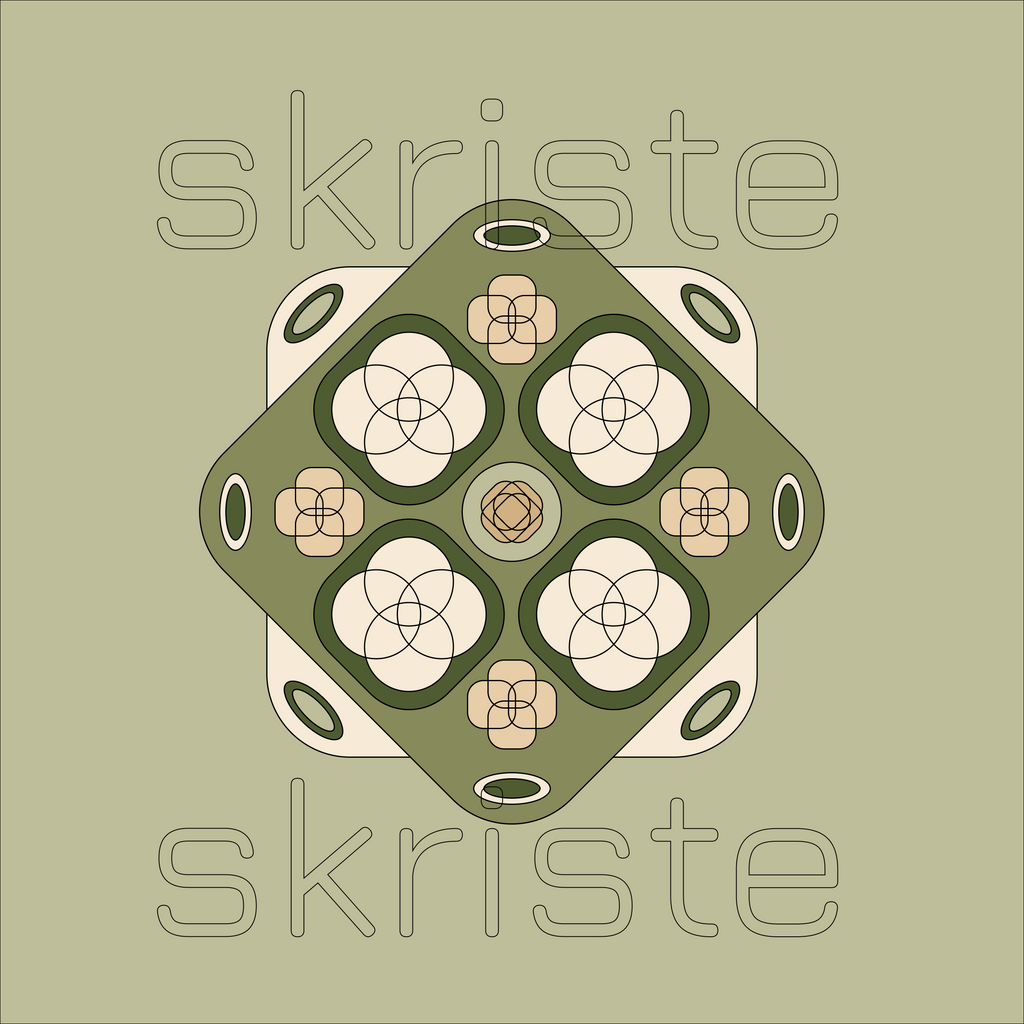 A centered geometric graphic with a diamond-shaped olive green emblem over a cream rounded square, featuring repeating floral and circular line motifs. The word 'skriste' appears faintly in large outlined letters behind and around the design on a muted olive-beige background.