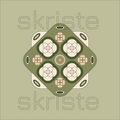 A centered geometric graphic with a diamond-shaped olive green emblem over a cream rounded square, featuring repeating floral and circular line motifs. The word 'skriste' appears faintly in large outlined letters behind and around the design on a muted olive-beige background.