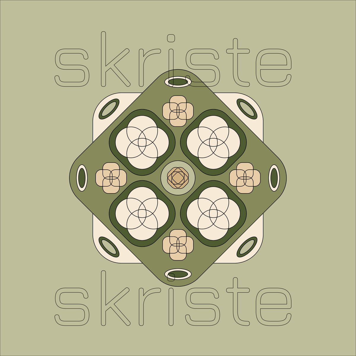 A centered geometric graphic with a diamond-shaped olive green emblem over a cream rounded square, featuring repeating floral and circular line motifs. The word 'skriste' appears faintly in large outlined letters behind and around the design on a muted olive-beige background.