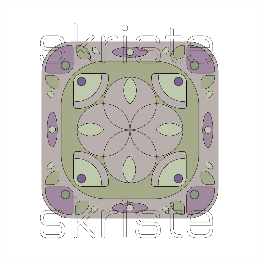 A square decorative tile or coaster design with a symmetrical geometric pattern in muted green, lavender purple, and taupe-gray, shown on a plain white background with a faint 'skriste' watermark across the center.