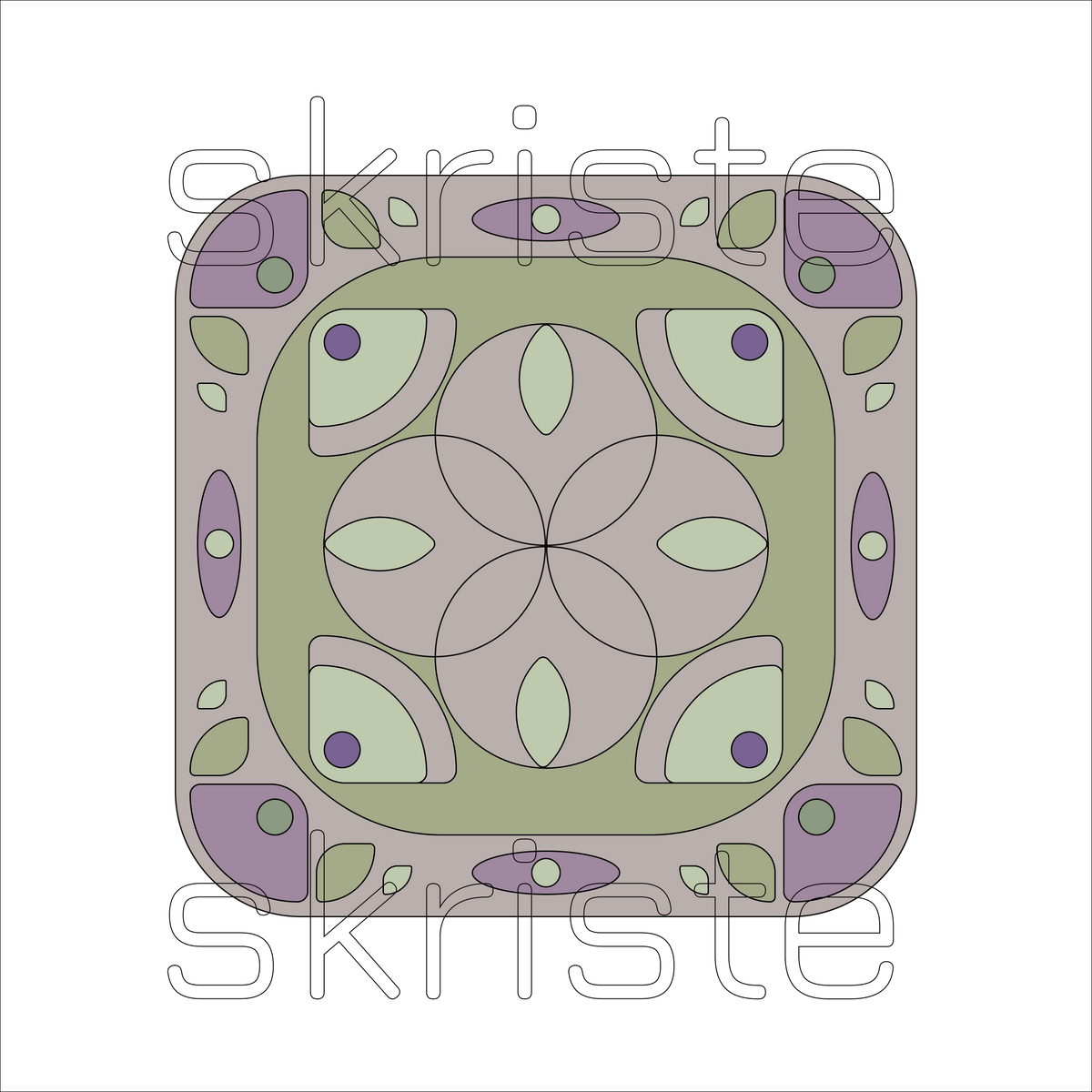 A square decorative tile or coaster design with a symmetrical geometric pattern in muted green, lavender purple, and taupe-gray, shown on a plain white background with a faint 'skriste' watermark across the center.