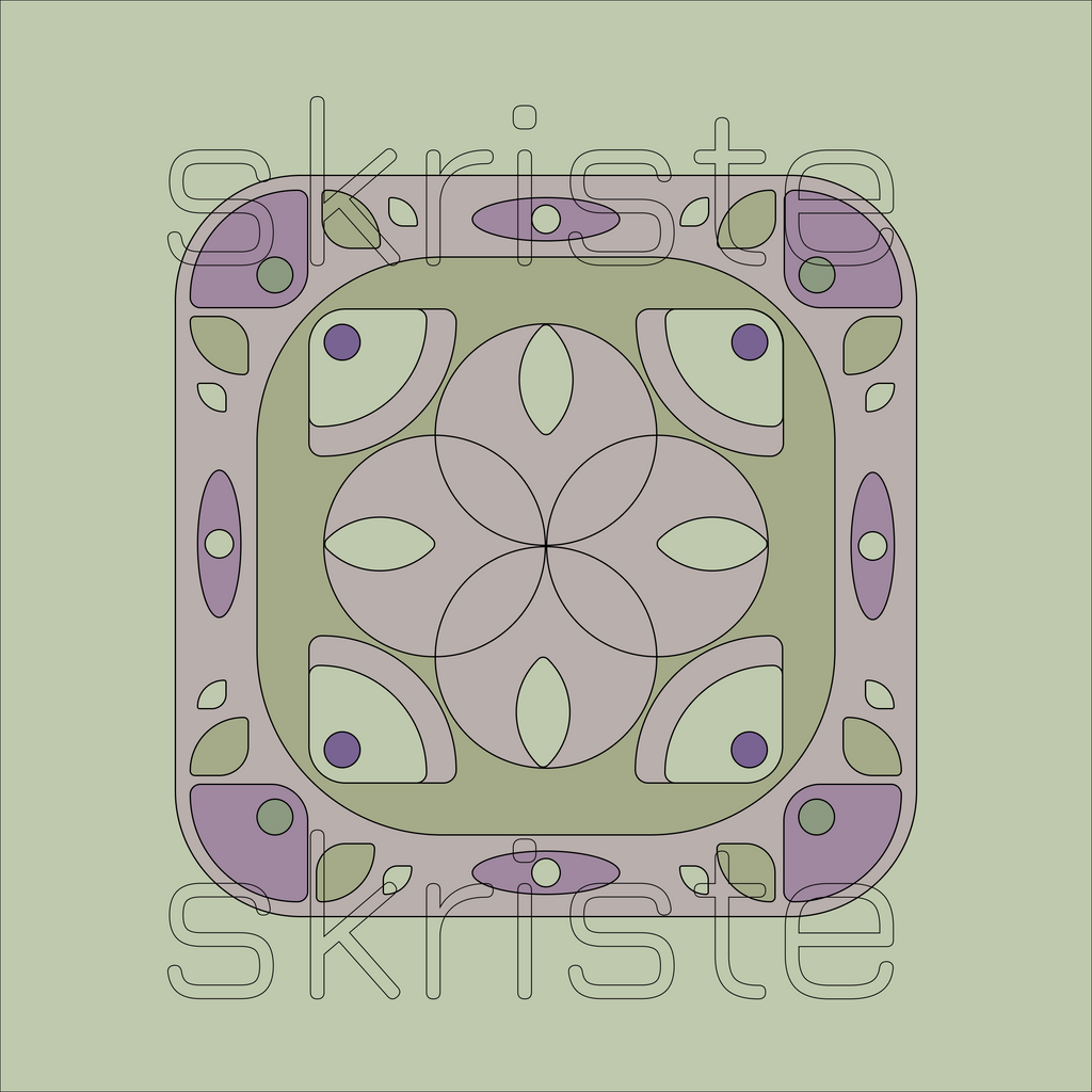 A square abstract geometric design with layered rounded shapes in muted lavender, olive green, cream, and small purple accents, centered on a pale green background. A large semi-transparent 'skriste' watermark overlays the artwork.