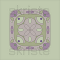 A square abstract geometric design with layered rounded shapes in muted lavender, olive green, cream, and small purple accents, centered on a pale green background. A large semi-transparent 'skriste' watermark overlays the artwork.