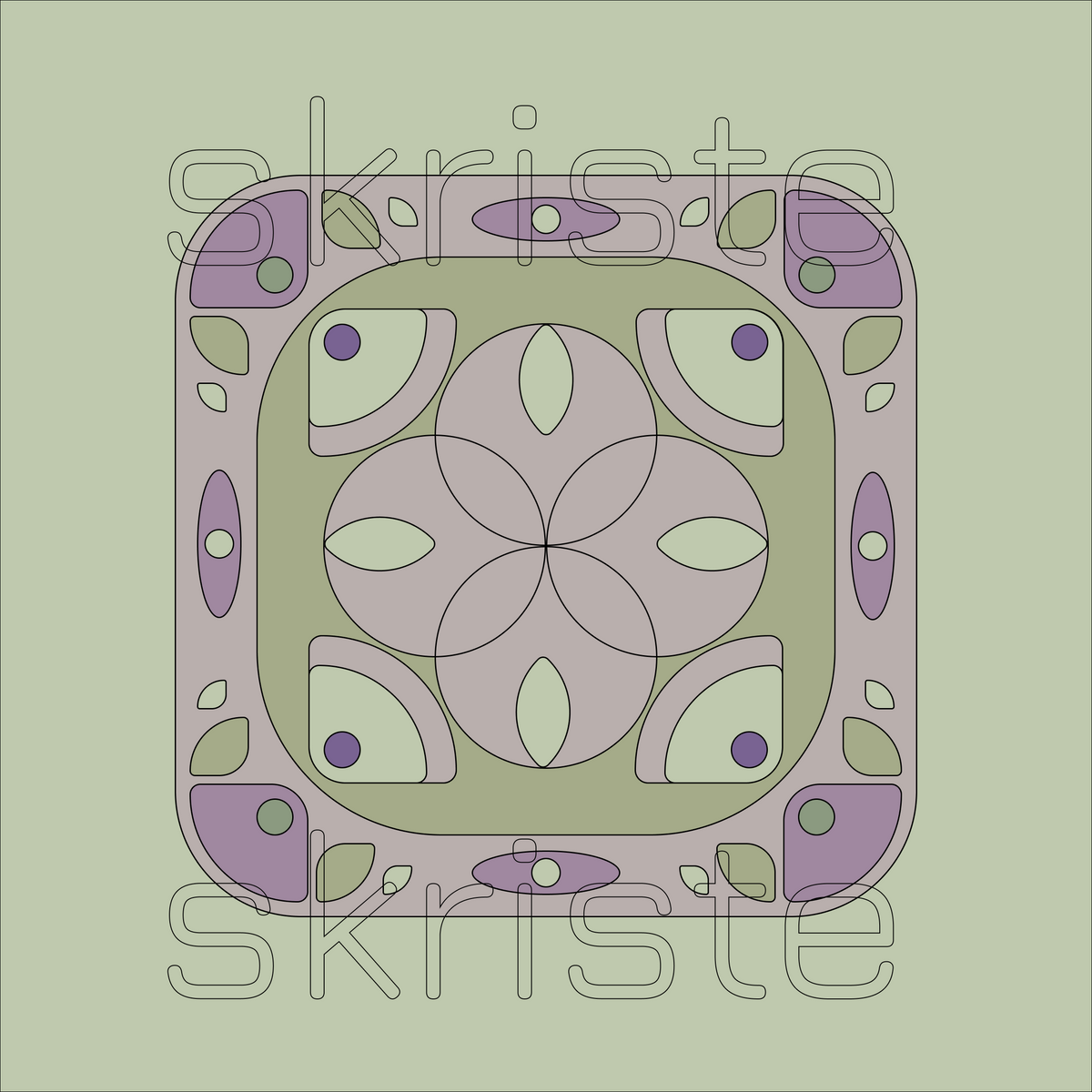 A square abstract geometric design with layered rounded shapes in muted lavender, olive green, cream, and small purple accents, centered on a pale green background. A large semi-transparent 'skriste' watermark overlays the artwork.