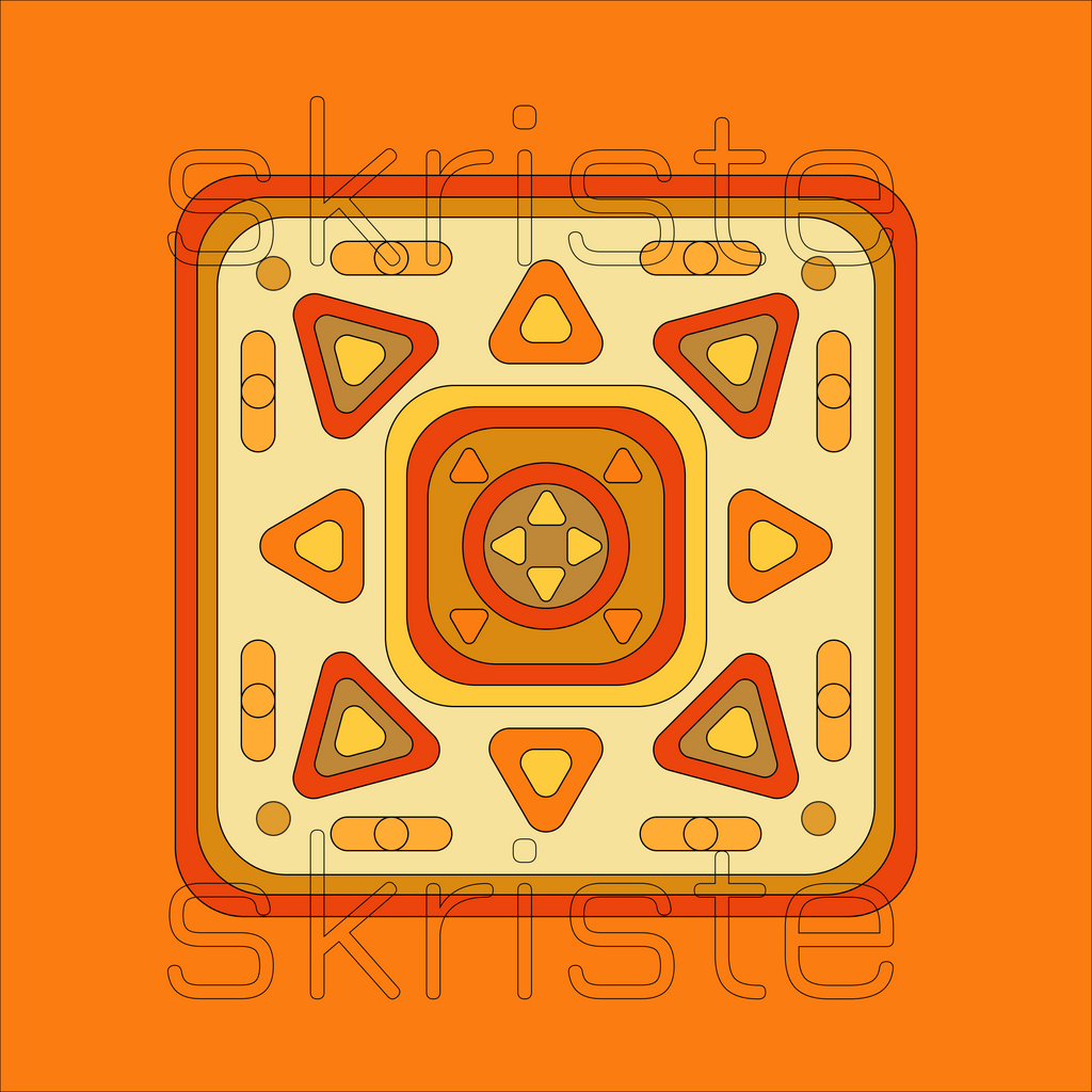 A retro-style geometric pattern tile featuring concentric squares and triangles in orange, yellow, and beige, with a visible 'skriste' watermark across the design.