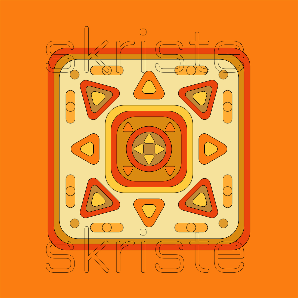 A retro-style geometric pattern tile featuring concentric squares and triangles in orange, yellow, and beige, with a visible 'skriste' watermark across the design.