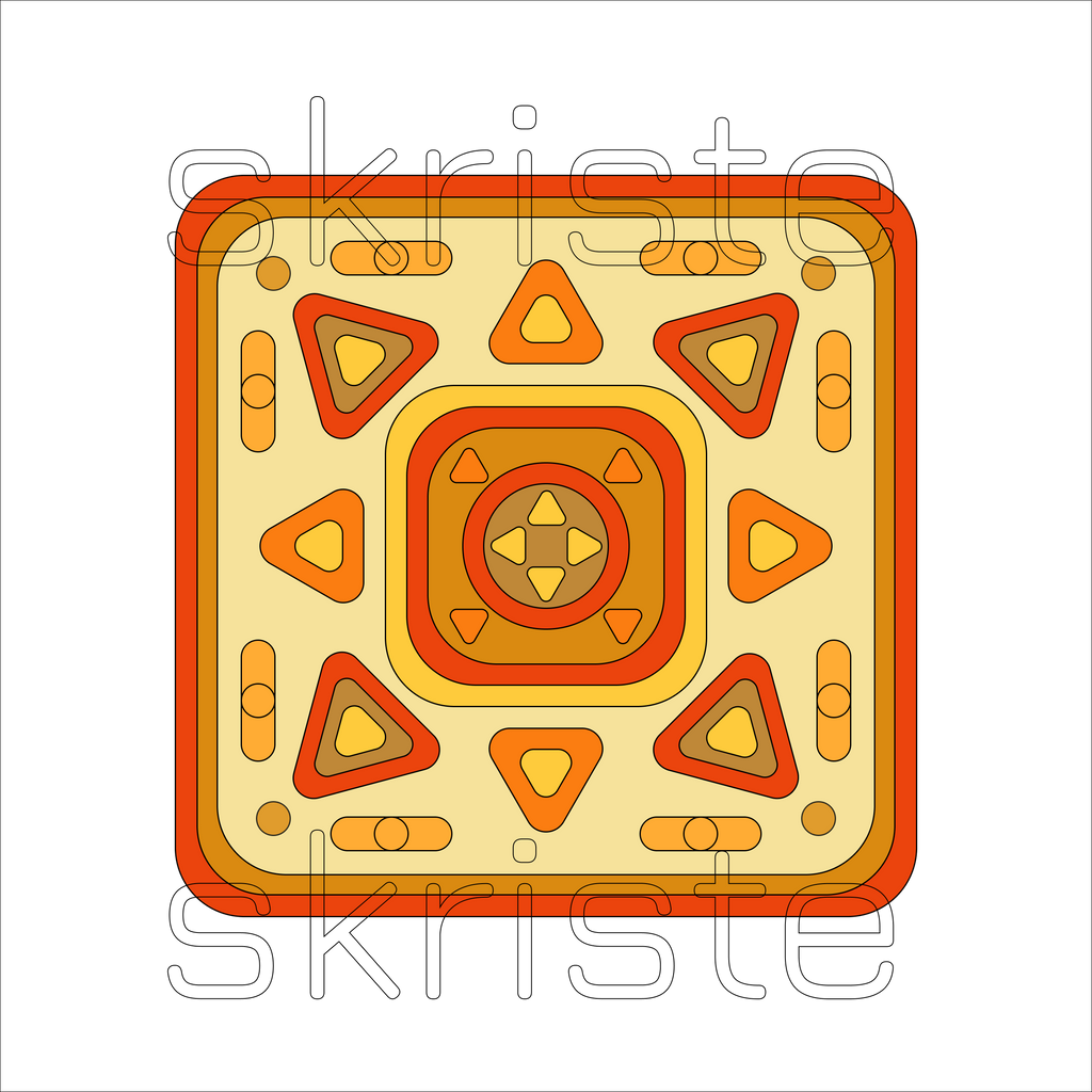 A square geometric pattern tile with concentric rounded corners and symmetrical triangular and oval motifs in yellow, orange, and red tones, shown on a white background with a faint 'skriste' watermark.