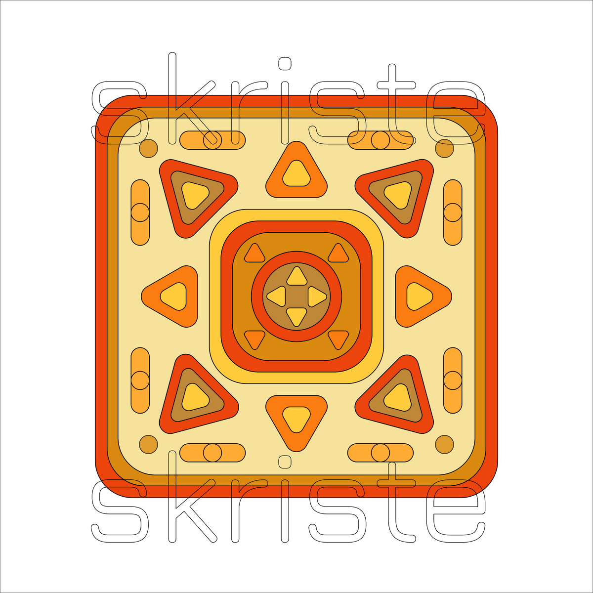 A square geometric pattern tile with concentric rounded corners and symmetrical triangular and oval motifs in yellow, orange, and red tones, shown on a white background with a faint 'skriste' watermark.