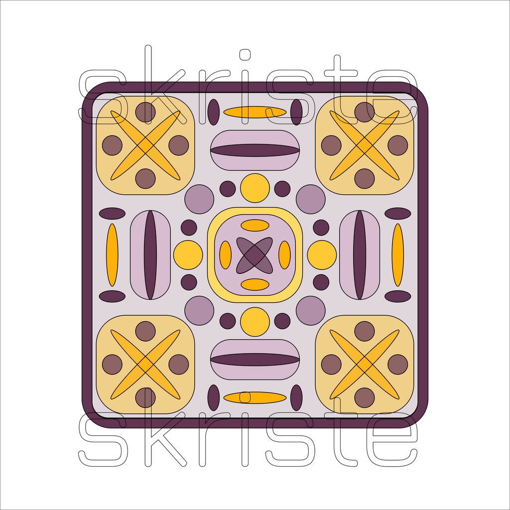 A square abstract pattern tile with a symmetrical retro design in yellow, purple, and beige tones on a white background, overlaid with a faint 'skriste' watermark.