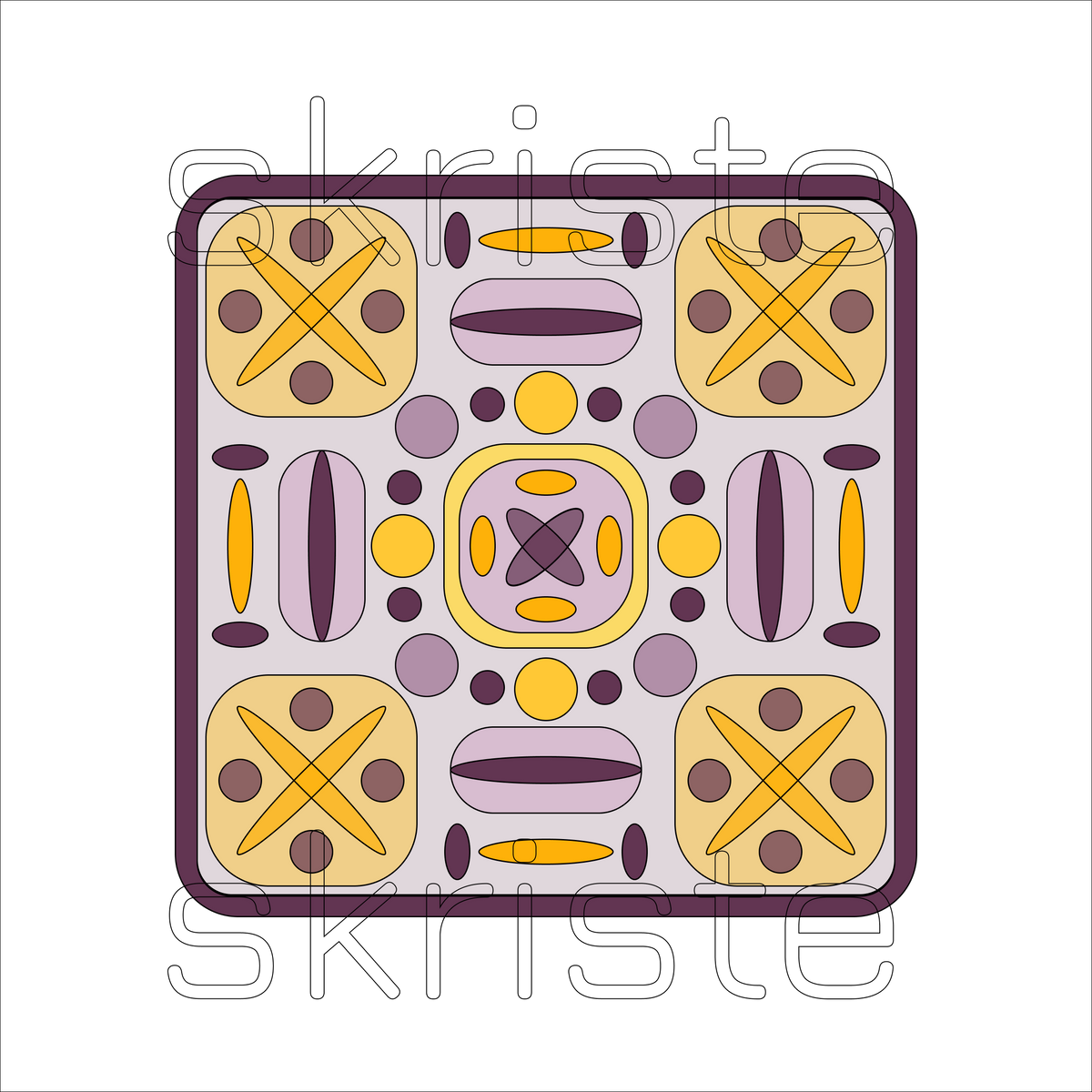 A square abstract pattern tile with a symmetrical retro design in yellow, purple, and beige tones on a white background, overlaid with a faint 'skriste' watermark.