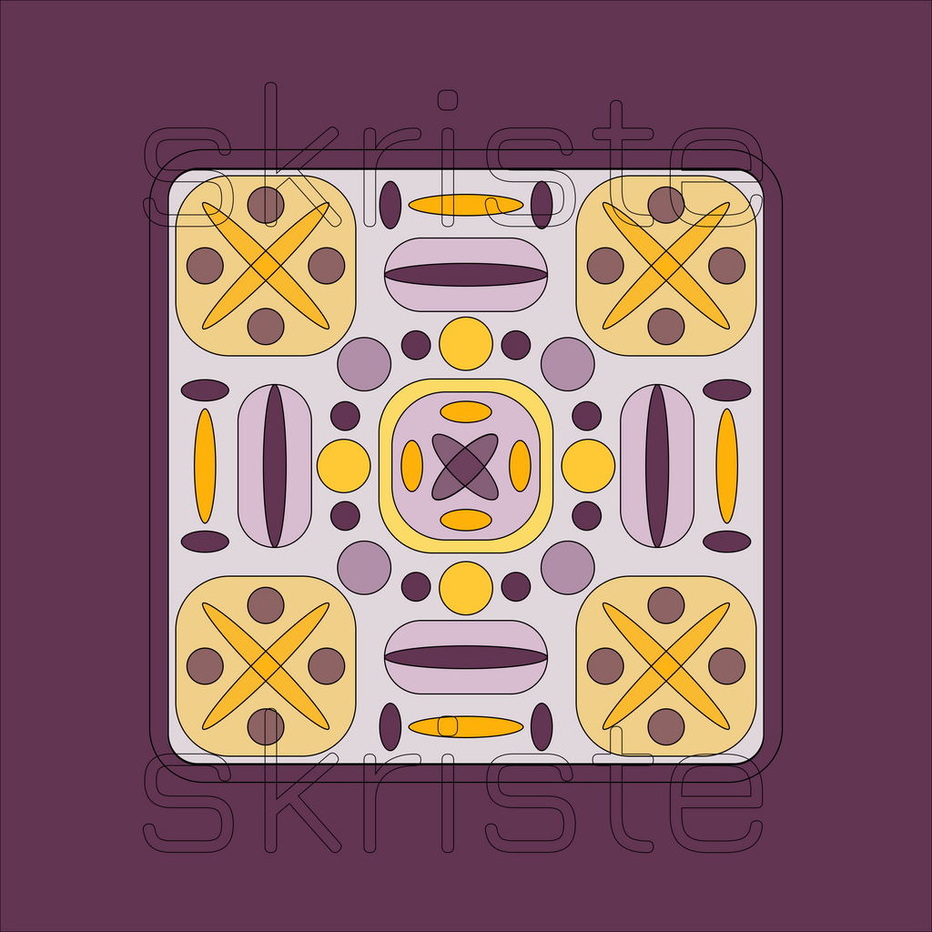 A square abstract pattern tile with rounded corners, featuring a symmetrical geometric design in yellow, lavender, and dark purple on a light gray background, set against a solid dark purple backdrop.