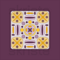 A square abstract pattern tile with rounded corners, featuring a symmetrical geometric design in yellow, lavender, and dark purple on a light gray background, set against a solid dark purple backdrop.