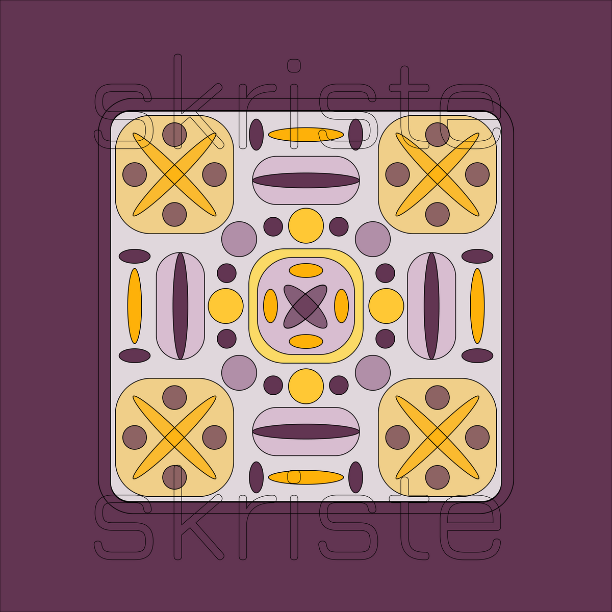 A square abstract pattern tile with rounded corners, featuring a symmetrical geometric design in yellow, lavender, and dark purple on a light gray background, set against a solid dark purple backdrop.