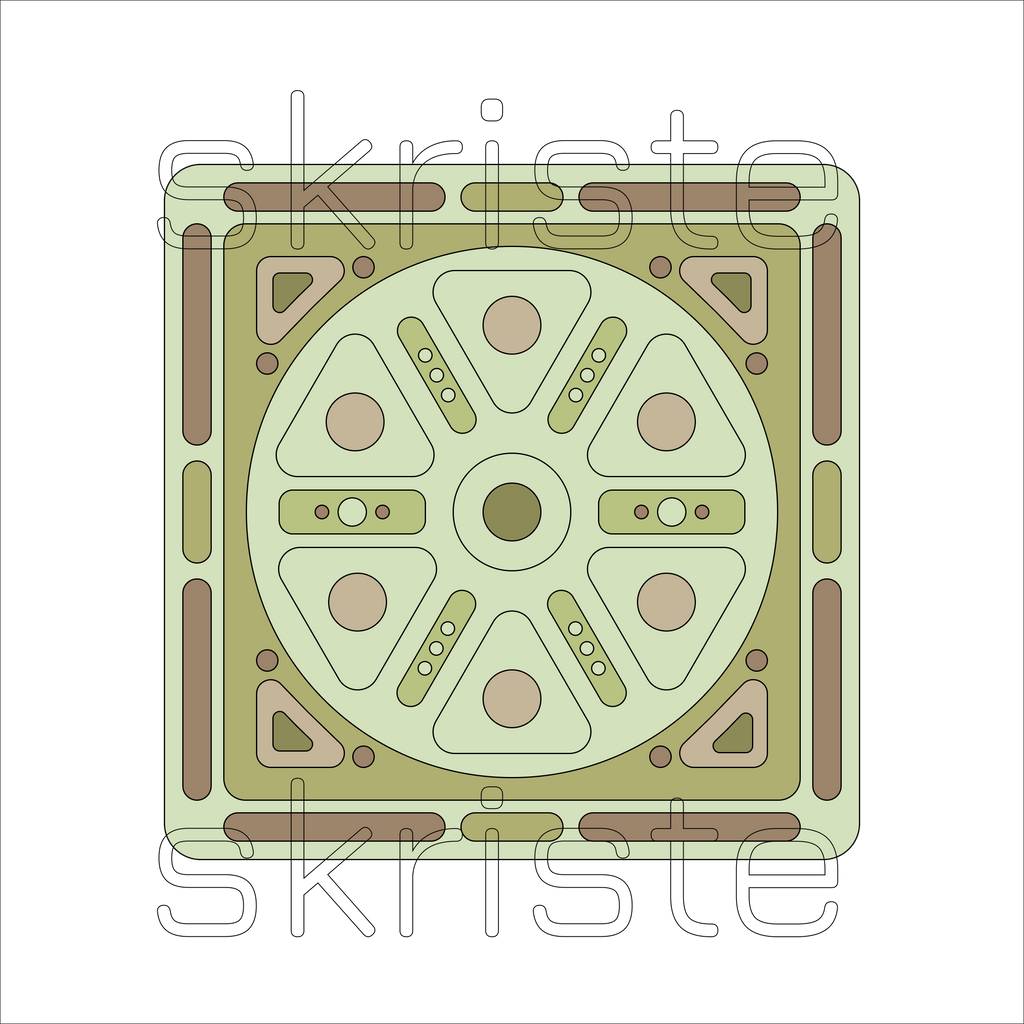 A square decorative tile or patchwork panel with a geometric pattern in sage green, olive, tan, and brown, featuring a central circular motif and a subtle 'skriste' watermark overlay.