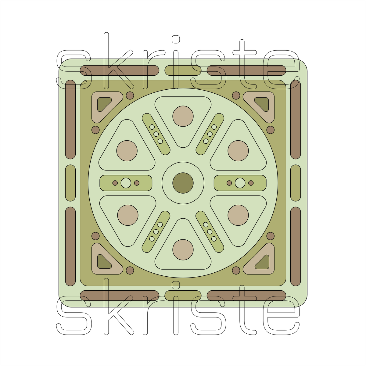 A square decorative tile or patchwork panel with a geometric pattern in sage green, olive, tan, and brown, featuring a central circular motif and a subtle 'skriste' watermark overlay.