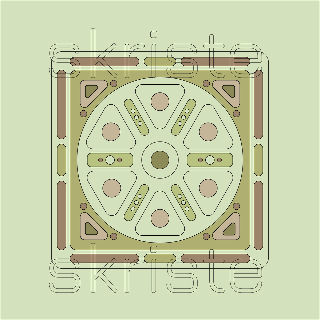 A square flat illustration of a decorative geometric pattern in muted sage green, olive, tan, and brown, with a large semi-transparent 'skriste' watermark across the center.