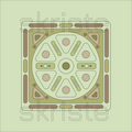 A square flat illustration of a decorative geometric pattern in muted sage green, olive, tan, and brown, with a large semi-transparent 'skriste' watermark across the center.