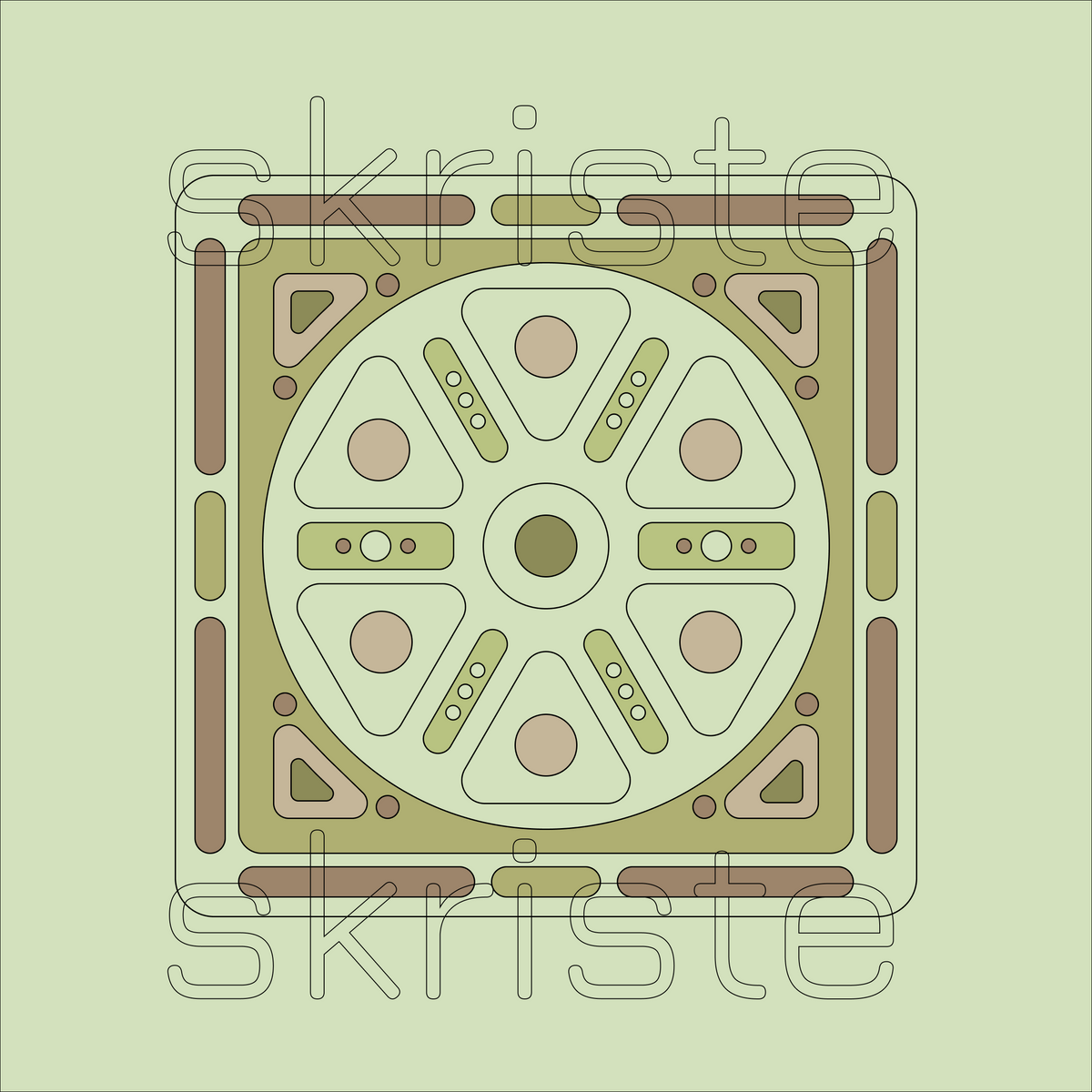 A square flat illustration of a decorative geometric pattern in muted sage green, olive, tan, and brown, with a large semi-transparent 'skriste' watermark across the center.