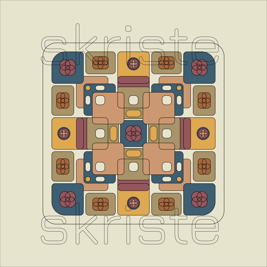 A square abstract geometric artwork with a symmetrical retro pattern in muted tan, mustard yellow, slate blue, burgundy, and brown on a light beige background. The word 'skriste' appears faintly as a watermark across the design.