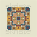 A square abstract geometric artwork with a symmetrical retro pattern in muted tan, mustard yellow, slate blue, burgundy, and brown on a light beige background. The word 'skriste' appears faintly as a watermark across the design.