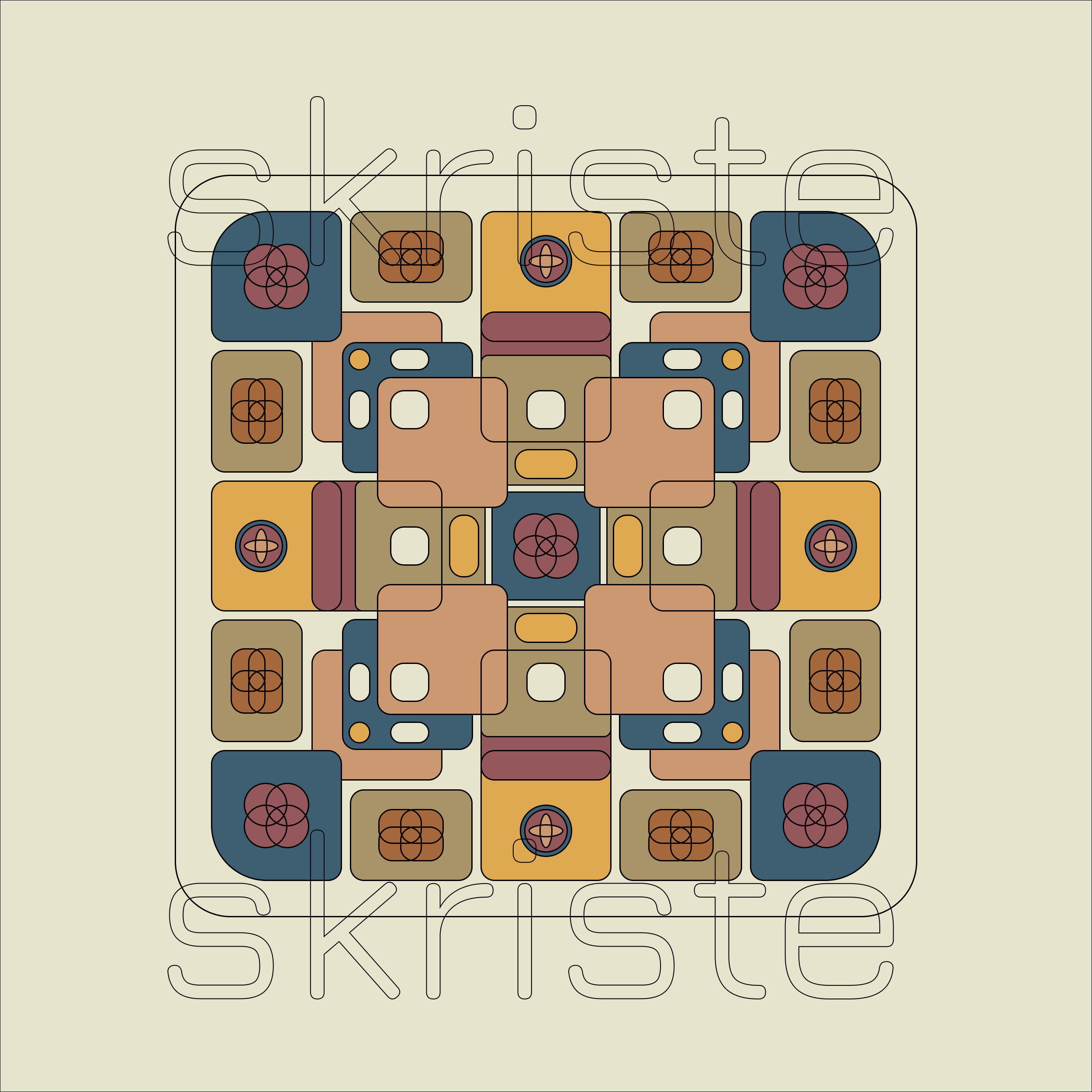 A square abstract geometric artwork with a symmetrical retro pattern in muted tan, mustard yellow, slate blue, burgundy, and brown on a light beige background. The word 'skriste' appears faintly as a watermark across the design.