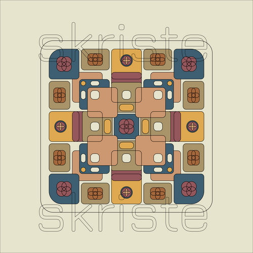 A square abstract geometric artwork with a symmetrical retro pattern in muted tan, mustard yellow, slate blue, burgundy, and brown on a light beige background. The word 'skriste' appears faintly as a watermark across the design.
