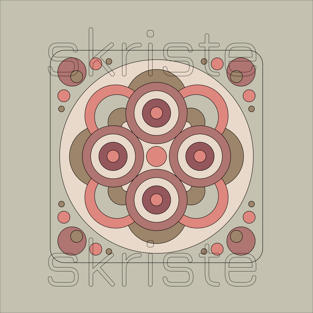 A square graphic design with a centered circular  motif in muted pink, taupe, cream, and brown tones on a warm gray-beige background. Thin outlined text reading 'skriste' appears across the design, and a large semi-transparent 'skriste' watermark overlays the artwork.
