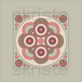 A square graphic design with a centered circular  motif in muted pink, taupe, cream, and brown tones on a warm gray-beige background. Thin outlined text reading 'skriste' appears across the design, and a large semi-transparent 'skriste' watermark overlays the artwork.