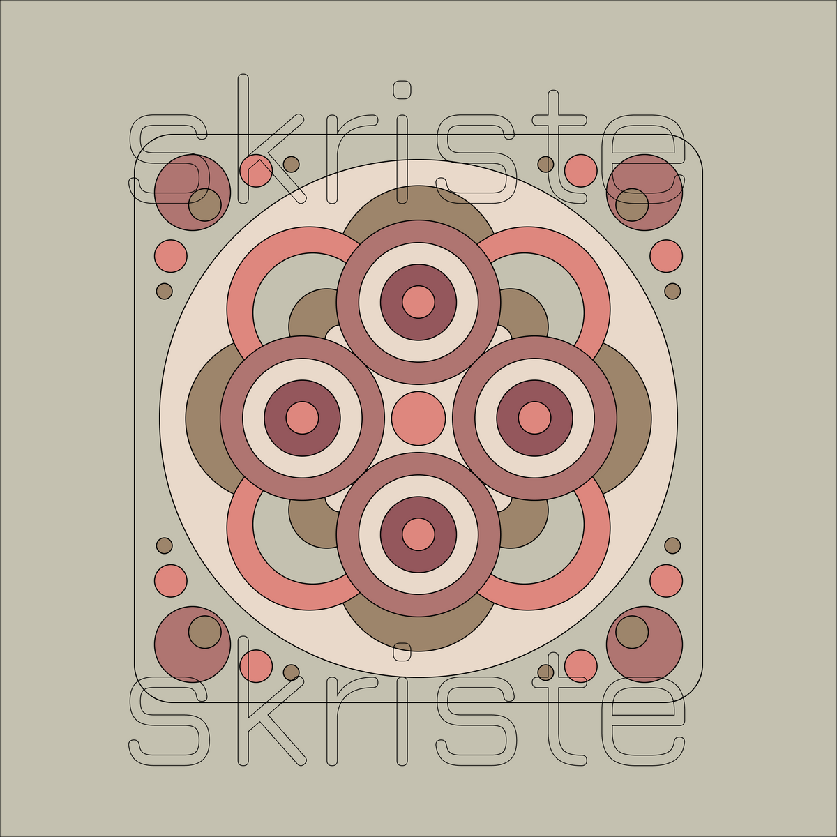 A square graphic design with a centered circular  motif in muted pink, taupe, cream, and brown tones on a warm gray-beige background. Thin outlined text reading 'skriste' appears across the design, and a large semi-transparent 'skriste' watermark overlays the artwork.