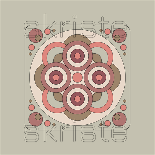 A square graphic design with a centered circular  motif in muted pink, taupe, cream, and brown tones on a warm gray-beige background. Thin outlined text reading 'skriste' appears across the design, and a large semi-transparent 'skriste' watermark overlays the artwork.